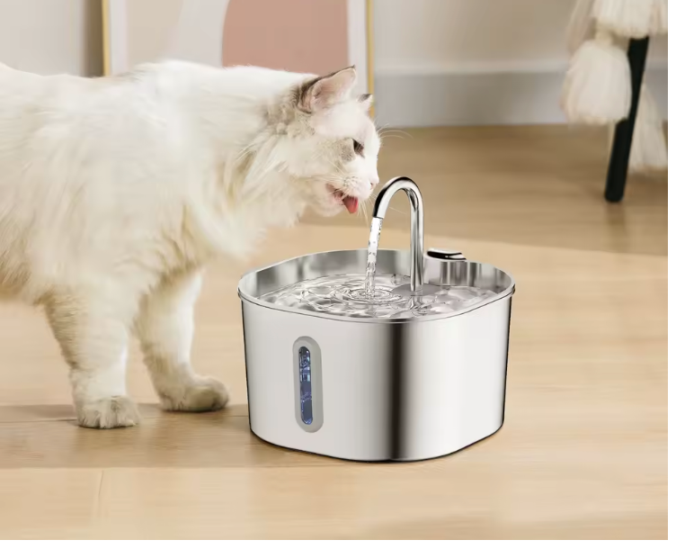 Kattfontän i rostfritt stål, katt dricker rinnande vatten