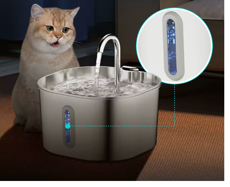 Kattfontän med LED-fönster som visar vattennivå