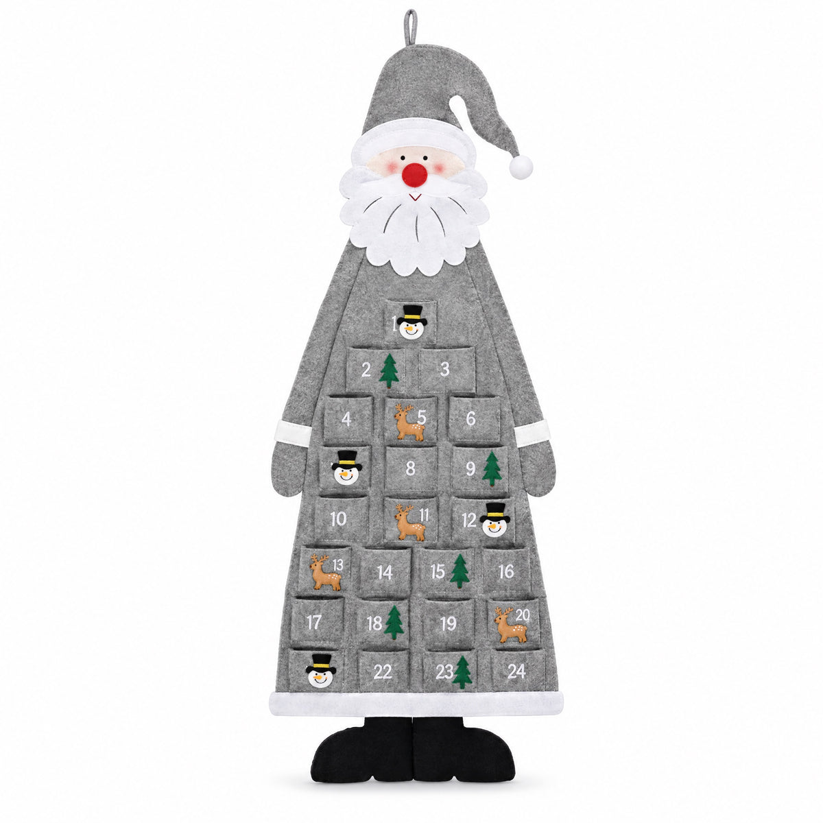 Adventskalender i filt – grå tomte med 24 fickor