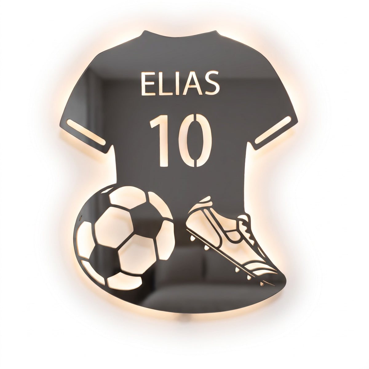Fotbollsspegeln med namnet ELIAS och nummer 10, tänd mot vit bakgrund