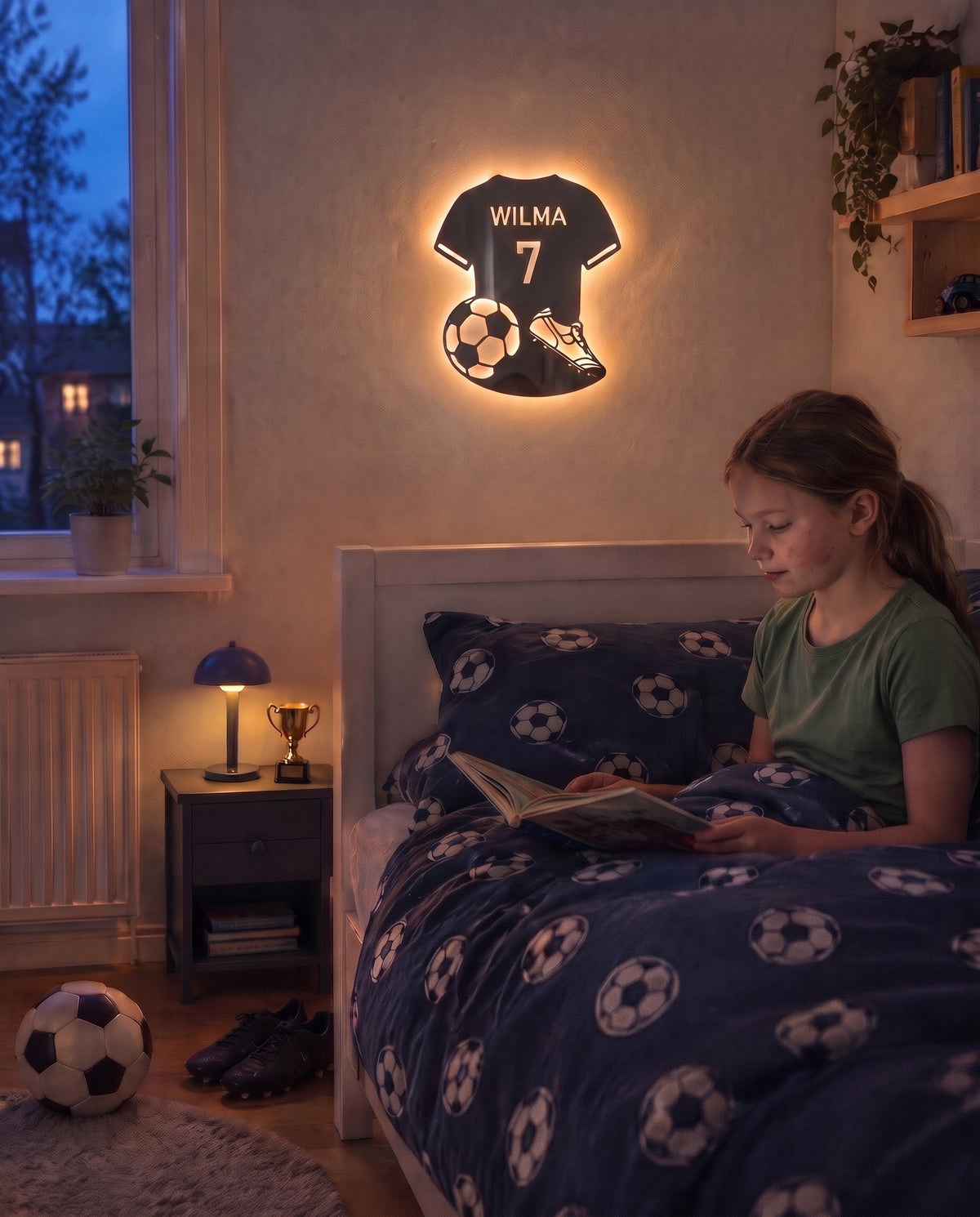 Fotbollsspegeln med namnet WILMA och nummer 7 i ett barnrum