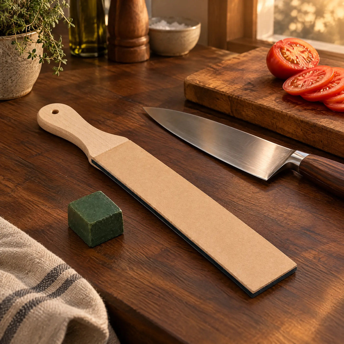 Läderstropp och kockkniv på köksbänken