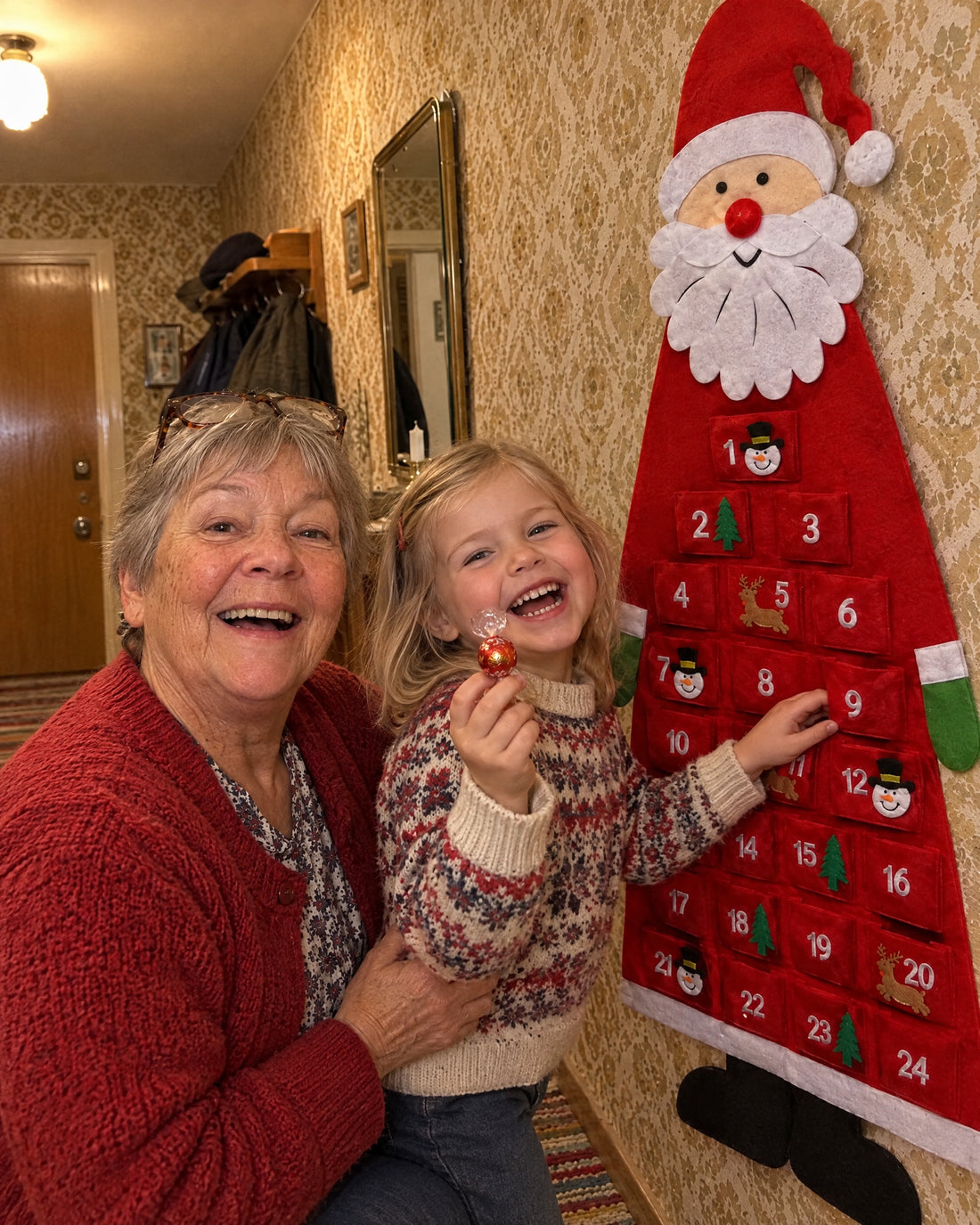 Farmor och barnbarn vid adventskalendern
