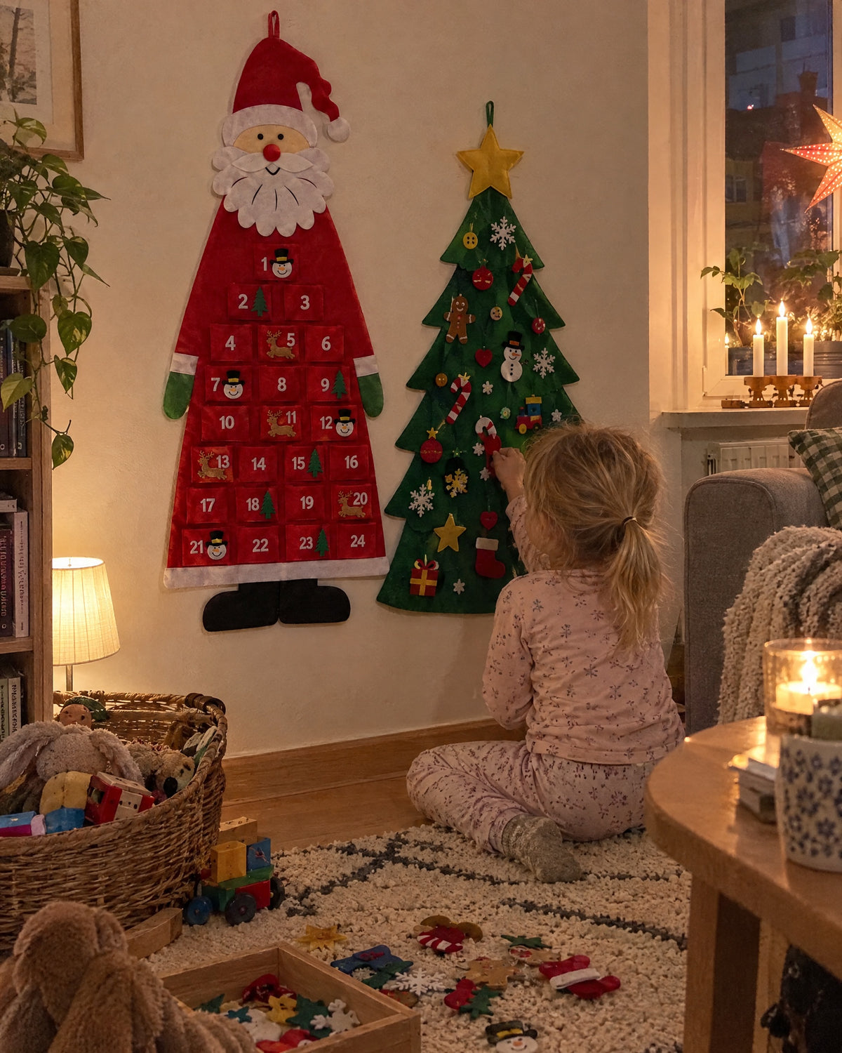 Adventskalendern och filtgranen på samma vägg