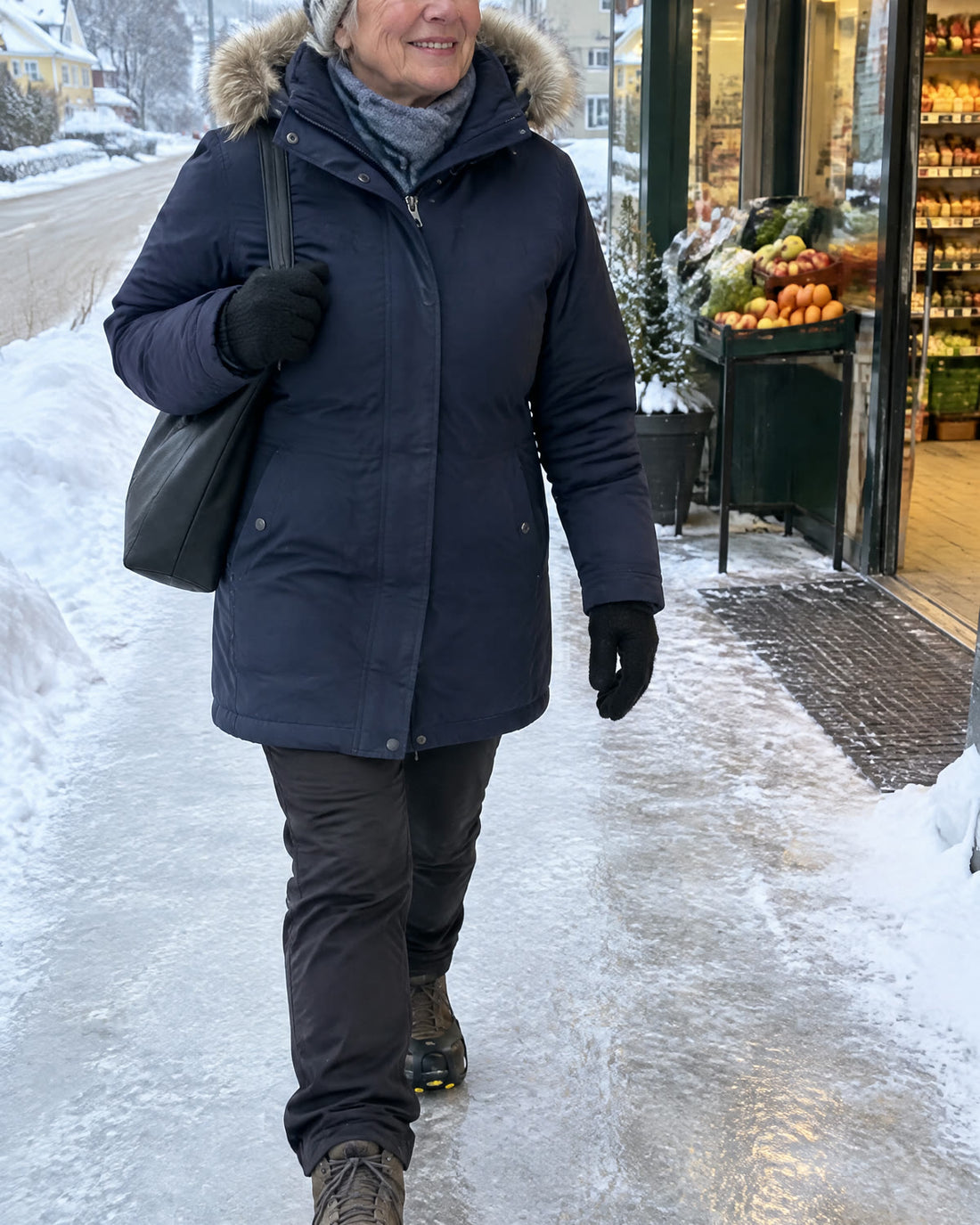 Äldre kvinna går tryggt till affären
