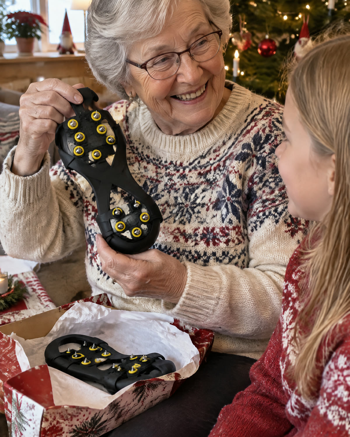 Mormor öppnar broddar i julklapp