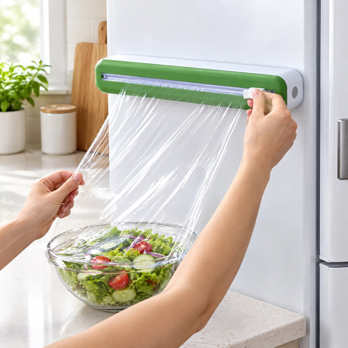 Plastfolie dras ut ur foliehållaren på kylskåpet