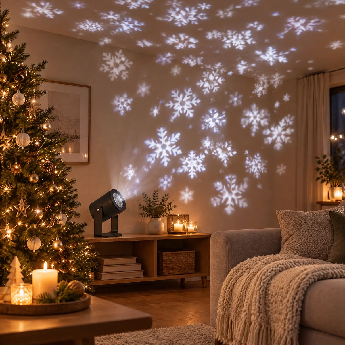 Snöflingor på väggen vid julgranen